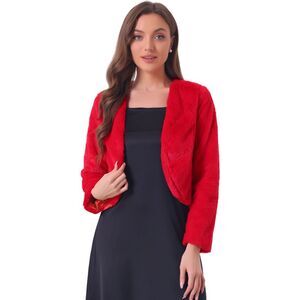 Cropped Jacket Faux Fur Long Sleeve Open Front Bolero Winter Coat Red